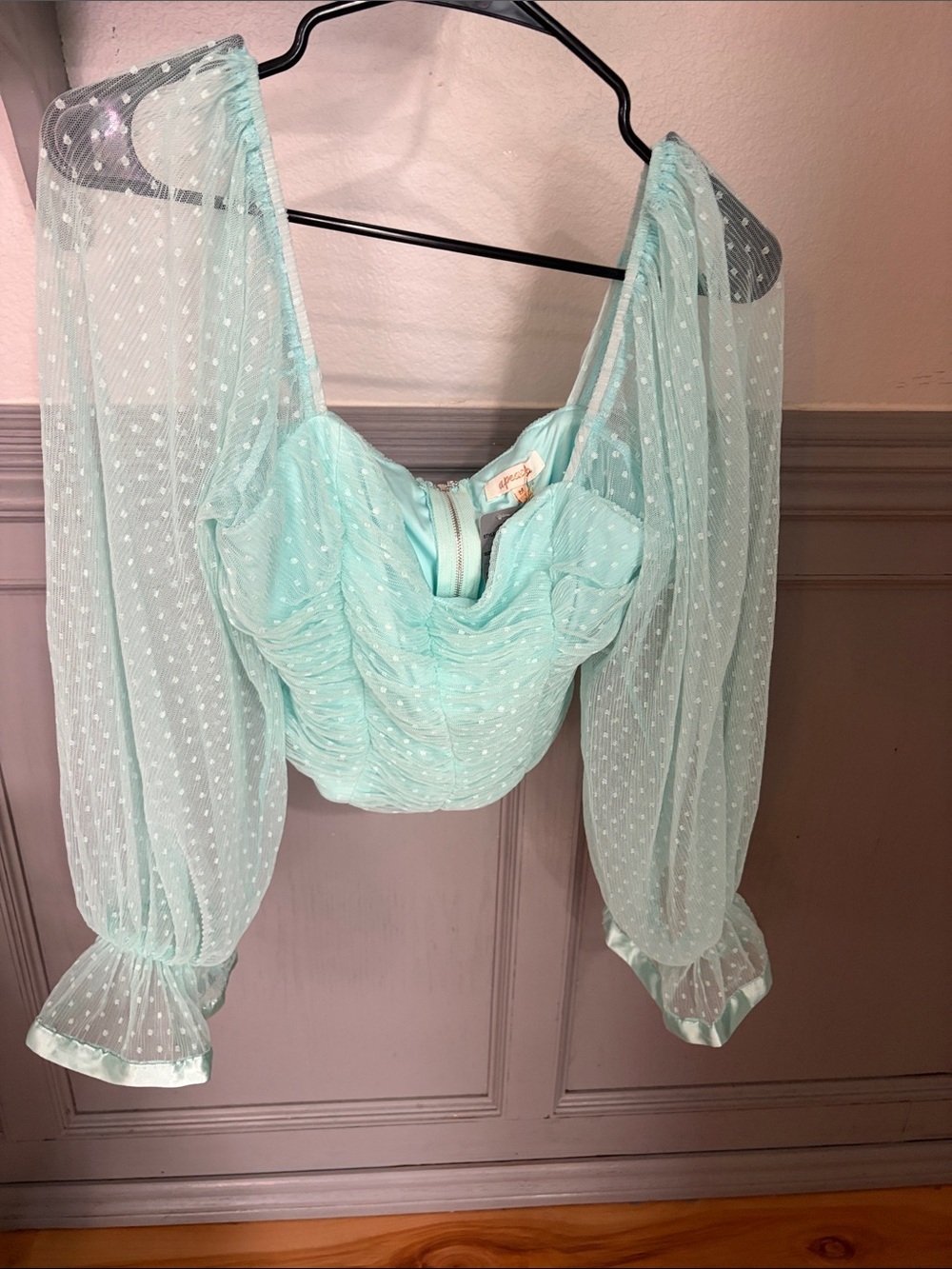 Mint Ruched Swiss Dot Crop Top with Puff Sleeves